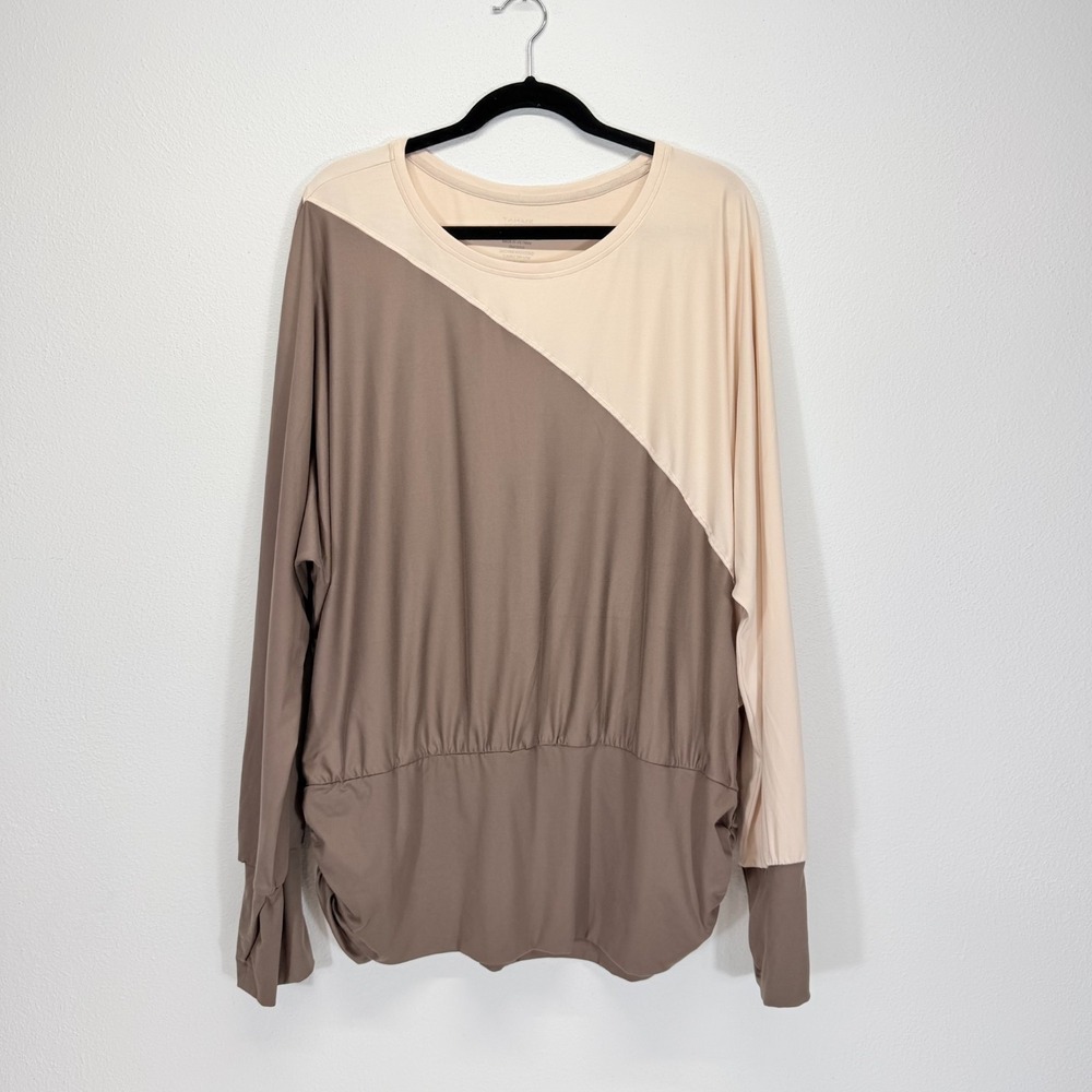 Tahari Sport  Taupe Cream Colorblock Asymmetric Ruched Long Sleeves Top Plus 3X